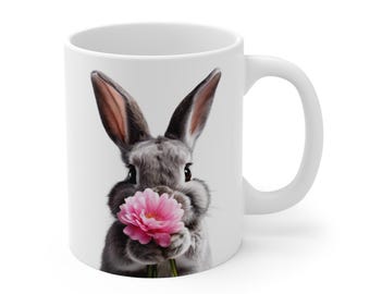 Mok konijn, konijn met roze bloem, cadeau voor dierenliefhebbers