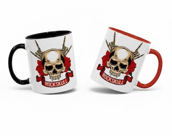 Skull Rock Hand Sign Mug - Black or Two-Tone Rocker Gift | Goth Metal Coffee Cup, Accent Coffee Mug (11 oz)