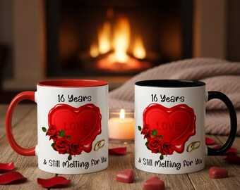 16th Wax Wedding Anniversary Mug, 16 Years & Still Melting For You, Romantic Gift for Husband or Wife, Couple, Friends,  Choice of Colours