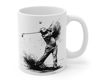 Golfer Silhouette Mug, Dynamic Black and White Golf Artwork, Perfect Gift for Golf Lovers & Sports Fans, 11oz White Mug