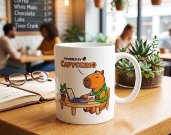 Capybara Coffee Mug: "Powered by Capyccino" Ceramic Cup