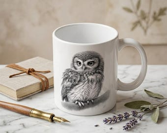 Owl Mug, Pencil Sketch Owl Art, Wildlife Ceramic Cup, Animal Lover Gift, Nature Inspired Mug, 11oz Coffee Mug, Gift for Bird Watcher