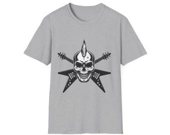 May include: A grey t-shirt featuring a black and white graphic of a skull with a mohawk and two electric guitars crossed behind it.