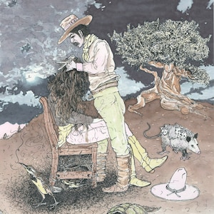 May include: A watercolour illustration of a person wearing a cowboy hat cutting the hair of another person sitting in a chair. The scene is set in a woodland with a tree, a turtle, a frog, a bird, and an opossum with multiple eyes.
