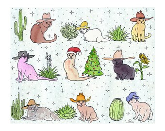 Meowdy Christmas Pardner, Cat Christmas Card, Giclee Print