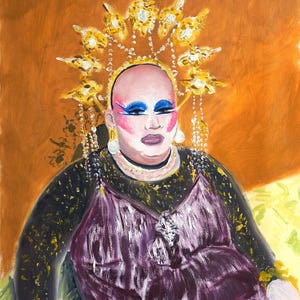 May include: An oil painting of a person wearing a gold headdress and a purple dress. The person has pink and blue makeup and is wearing a black top with gold accents. The background is orange.