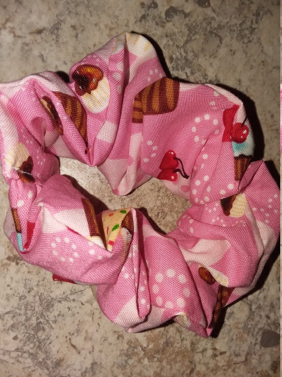 Scrunchie Pink Cupcake Happy Birthday Cherries Messy Bun Etsy