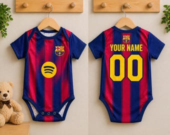 Body para bebé inspirado en el Barcelona, body personalizado con camiseta de fútbol, conjunto de fútbol para bebé, regalo personalizado para bebé