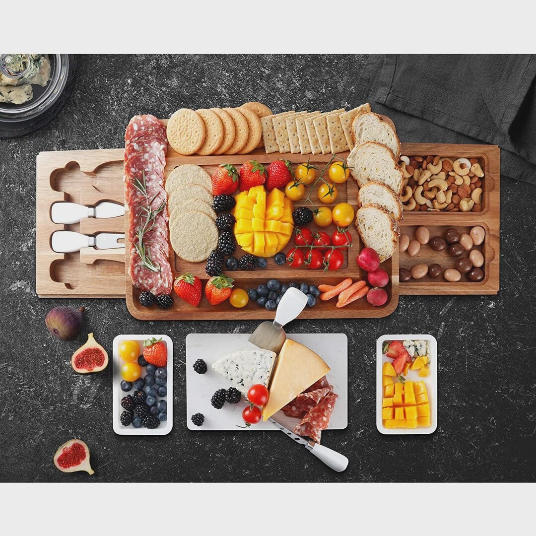 Acacia Wood Charcuterie Board Set With Marble Slate & Knife Set - Etsy