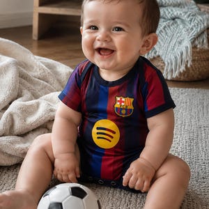 Puede incluir: Un body de bebé de manga corta con el escudo del FC Barcelona en el pecho y un logotipo amarillo de Spotify debajo. La prenda presenta rayas verticales azules y rojas, un cuello redondo azul oscuro y ribetes azul oscuro en las mangas.