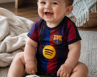 Pelele de bebé personalizado con estampado de fútbol, camiseta de bebé inspirada en el Barcelona, body de fútbol personalizado, regalo para baby shower, conjunto para recién nacido.