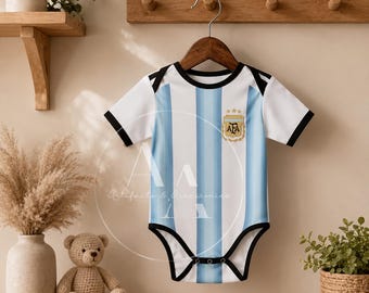 Body personalizado de bebé con camiseta de fútbol de Argentina / Conjunto de fútbol personalizado con nombre y número.