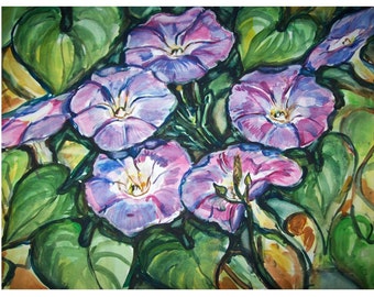 MORNING GLORY Vine - painting original floral watercolor one-of-a-kind OOAK 11x15, Flower, Garden, Floral, Morning Glory, Blue, Green