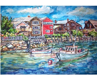 WATERFRONT SCENE -painting original  seascape watercolor OOAK 11x15, Seascape, Harbor, Fishing Boat, Boat, Waterfront, Town, House, Blue