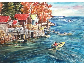 NEW ENGLAND WATERs Original Watercolor Painting 11x15 Signed, Seascape, Waterfront, Ocean, Autumn, Blue, Boats, Dock, Tree