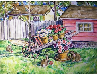 WHEELBARROW BUNNIES -painting original landscape watercolor one-of-a-kind 11x15, Rabbit, Bunny Rabbit, Animal, Garden, Yard, Flower, House