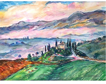 TUSCAN DAWN - painting original watercolor one-of-a-kind OOAK 11x15, Italy, Italian, Tuscany, rural road, country morning