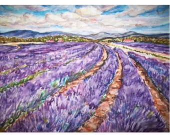 LAVENDER COUNTRY-painting original landscape watercolor one-of-a-kind OOAK 11x15, Flower, Field, Herb, Country, Rural, Road, Hills, Purple