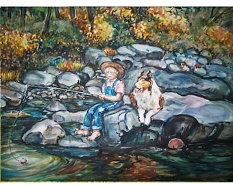 GONE FISHING  -painting original  landscape watercolor one-of-a-kind OOAK 11x15, Country, Boy, Dog, Collie, Creek, Stream, Fishing, River