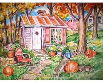 OCTOBER BUNNIES -painting original watercolor  one-of-a-kind 11x15, Autumn, Fall, Bunny Rabbit, Farm, Country, Pumpkins, Barn, Leaves