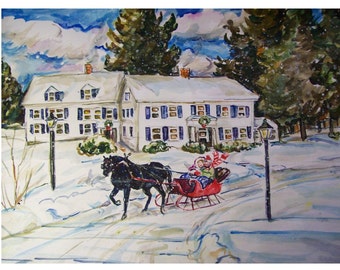 RIDING In The One Horse Sleigh -painting  original landscape watercolor one-of-a-kind 11x15, Winter,Snow, Seigh, Horse, Woods, Inn, Forest