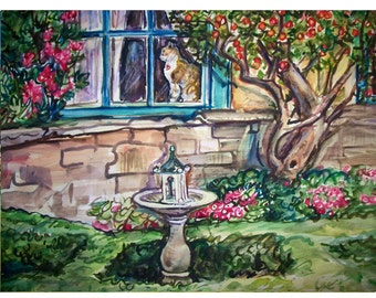 SECRET GARDEN  - painting  original watercolor landscape one-of-a-kind OOAK 11x15, Garden, Flower, Cat, Kitten, Feline, Tree,Wall