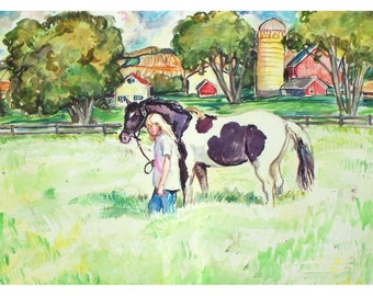 FARM PAINT - Painting Original Landscape Watercolor one-of-a-kind  OOAK 11x15- Country, Farm, Rural, Girl, Horse, Pasture, Field, Barn