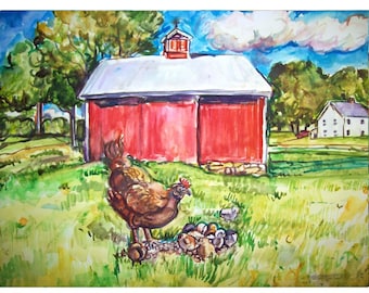 HEN & CHICKS - painting original watercolor one-of-a-kind OOAK 11x15, Country, Rural, Farm, Animal art, Chicken, Poultry, House, Barn, Truck
