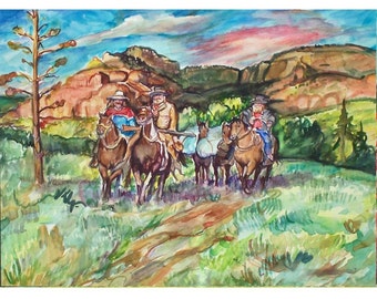 MOUNTAIN MEN Ride- Painting Original Western Watercolor, one-of-a-kind, 11x15, Horses, Pack Train, Mountain Wilderness, High Country Trail