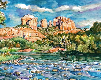 SEDONA REVISITED - painting, landscape, watercolor, one-of-a-kind, OOAK, western, desert, red rock, oak creek