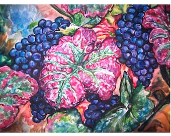 READY To HARVEST -  painting original botanical watercolor OOAK 11x15 , Blue Grapes, Wine Grapes, Grapes, Grape Leaves, Plant , Fruit, Vine