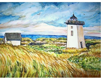 WOOD END Lighthouse (Cape Cod) - painting original  seascape  watercolor one-of-a-kind 11x15, Seascape, Light, Lighthouse, Ocean, Sea, Blue