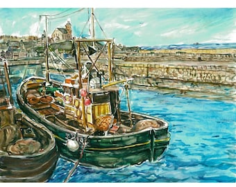 SAFE HARBOR  Scene - painting Seascape Harbor watercolor OOAK one-of-a-kind 11x15 original, Ocean, Sea, Harbor, Town, Boat, Fishing Boat