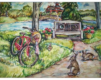 PARK BUNNIES -Painting Original Watercolor Landscape One-of-a-Kind OOAK 11x15, Bunny, Rabbit, Bunny Rabbit, Lake, Bike, Bench, Animal, Trees