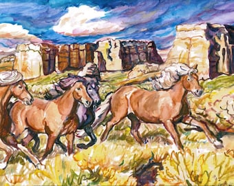 WESTERN THUNDER - original landscape watercolor painting OOAK 11 x 15,  Horses, Mountains