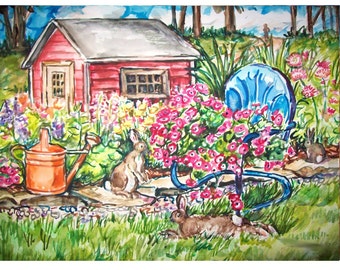 BUNNY COUNTRY  - painting original Bunny Rabbit watercolor  11x15  OOAK one-of-a-kind, Garden, Bunny, Flower, Floral, Lawn, Chair, Yard