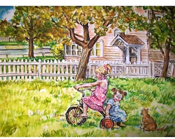 BIG SISTER & Little Sister - painting  original landscape watercolor one-of-a-kind 11x15, Children, Girl, Cat, Yard, Tricycle, House, Summer