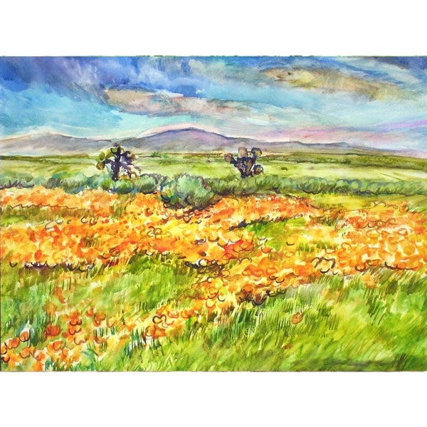 TERRE de l’or coquelicots - peinture Origina paysage aquarelle one-of-a-kind OOAK 11 x 15, fleurs sauvages, fleurs de pavot, jaune