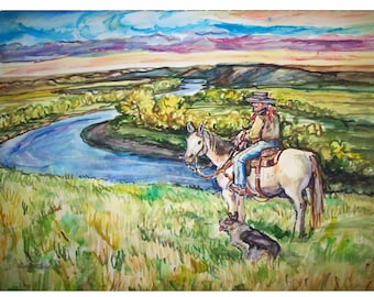 WESTERN RIVER -painting original watercolor western landscape 11x15 one-of-a-kind  OOAK, Western, Cowboy, Horse, Dog, River, Country