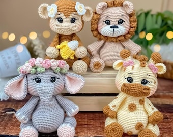 4in1 Bundle Amigurumi animals crochet pattern, monkey, giraffe, elephant, lion English and German crochet patterns