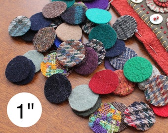 Wool Circles, (50) 1" Wool Circles, Precut Recycled Felted Wool Circles, Wool Pennies, Wide Variety Colors and Textures, Scrap Wool Circles