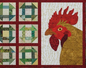 Pattern, Chicken Quilt Applique Pattern, Easy Rooster Pattern, Traditional Baby Quilt Pattern, Hand or Fusible Baby Quilt, Country Quilt