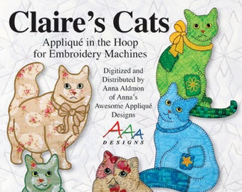 Digitized, Claire's Cats, Applique in the Hoop for Embroidery Machines, Digitized Designs on Thumb Drive, Baby Quilts, Cute Cat Quilts