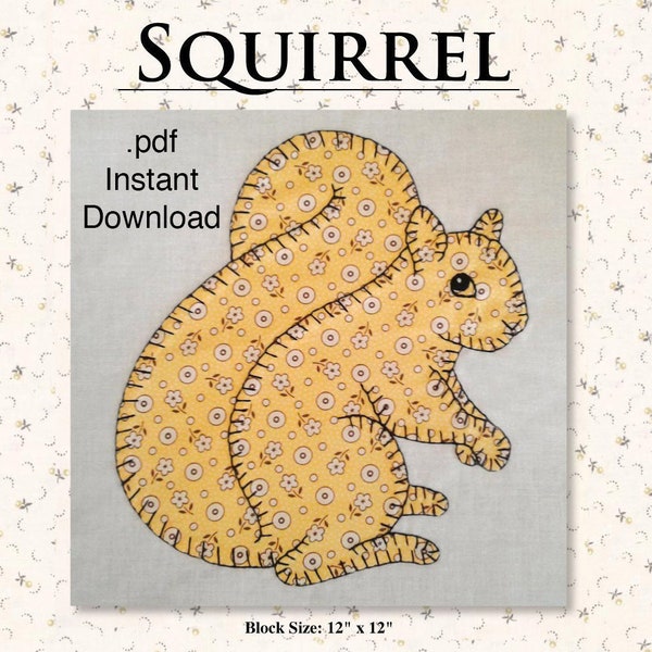 pdf SQUIRREL, Single Block .pdf, Instant Download, Traditional Applique Squirrel Pattern, Hand or Fusible Applique, Free Shipping, Quilted