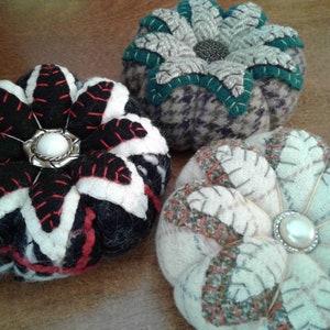 Handmade, Wool Medium Pincushion, Vintage Upcycled Wool, Crushed Walnut Stuffing, Vintage Button, Recycled Wool Fabric, Tomato Pin Cushion