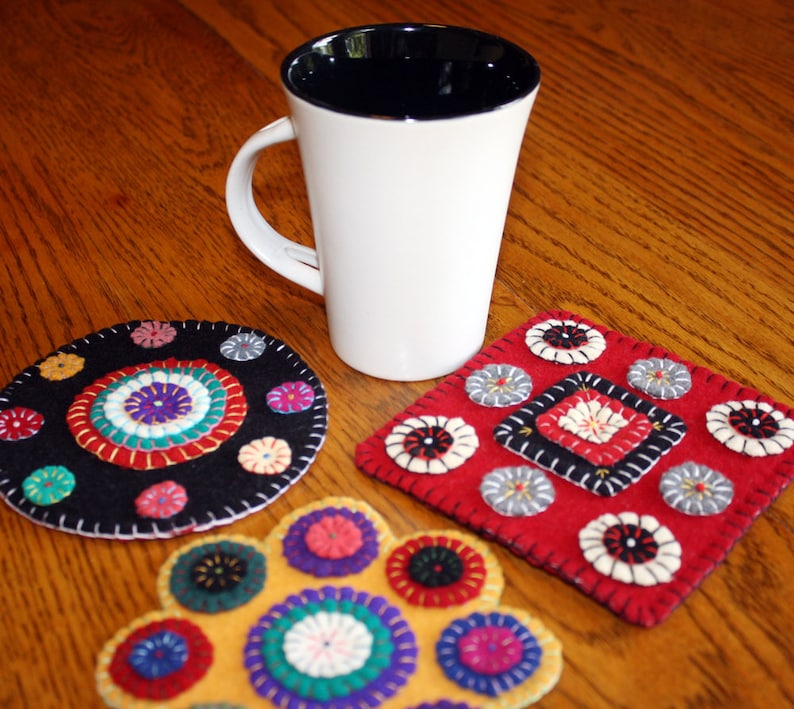 Make Your Own Wool Penny Rug ROUND Mug Rug Pre Cut Wool Appliqu\u00e9 Kits Wool Pennies Wool Appliqu\u00e9 Kit Wool Kit