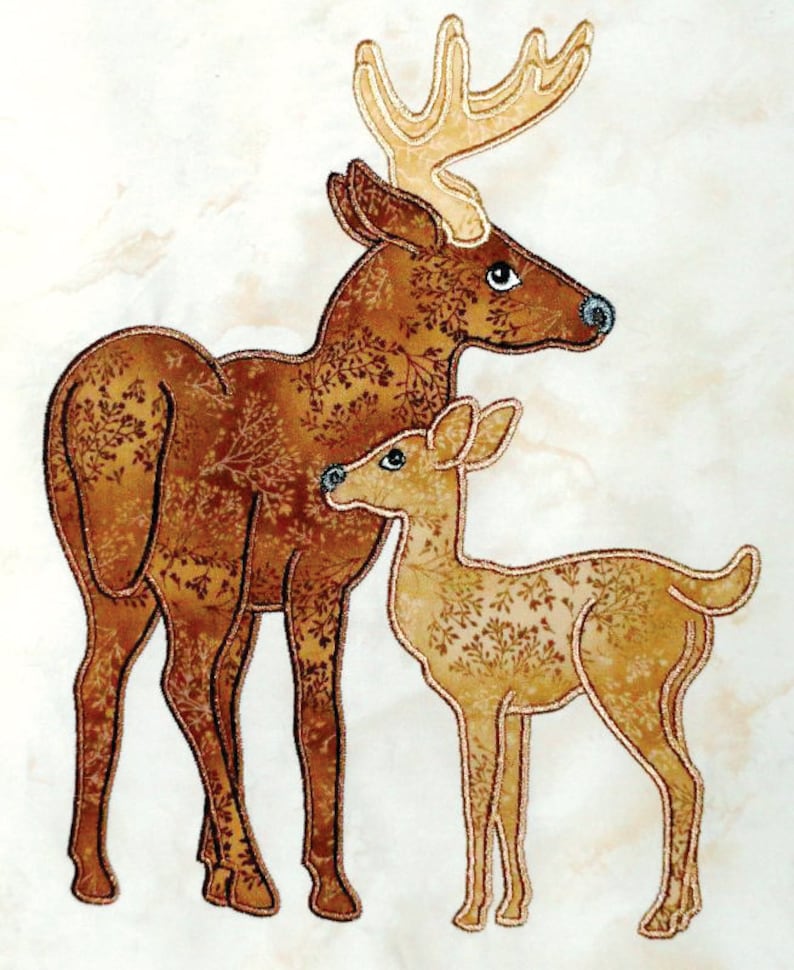 Digitized, Deer with Fawn, Applique in the Hoop for Embroidery Machines, Digitized Designs on Thumb Drive, Woodland Quilts, Deer Patterns image 1