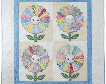 Pattern, Sunflower Baby, Dresden Plate Baby Quilt Pattern, Embroidered Baby Face Quilt, Baby Quilt Pattern, Easy and Adorable Baby Quilt