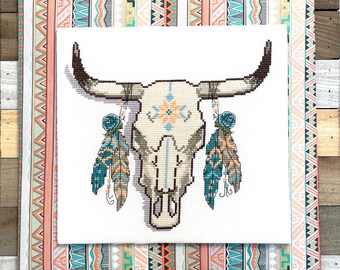 Modern Cross Stitch - Decorated Cow Skull Cross Stitch Pattern by Tiny Modernist