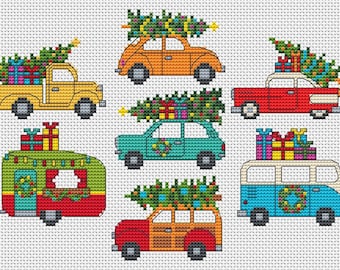 Holiday Retro Cars & Vans Cross Stitch Pattern by Tiny Modernist - PDF Instant Download